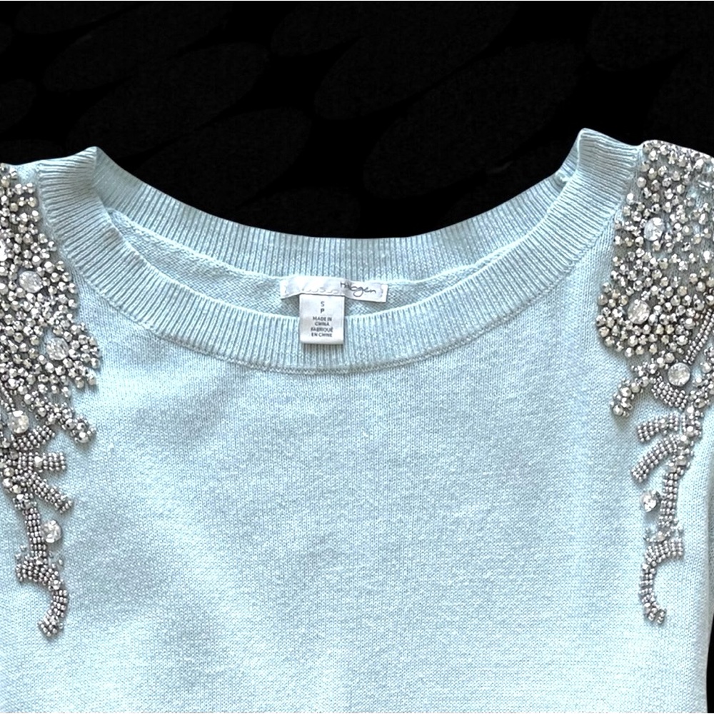 Halogen Jeweled Shoulder Sweater, Light Blue/Silver, Small/Petite - Picture 6 of 12